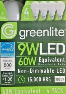 4 BULBS 9W LED 60W Light Bulbs 3000K A19 Non Dimmable AUTHENTIC GREENLITE WARM - Picture 1 of 5