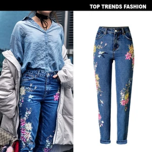 New Womens Floral Birds Embroidery High Waist Denim Pants Trousers Skinny Jeans - Picture 1 of 17