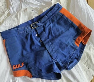 VINTAGE 1930’S COTTON + WOOL MEN’S SPORTING BASKETBALL SHORTS WITH GULF LOGO - Picture 1 of 5