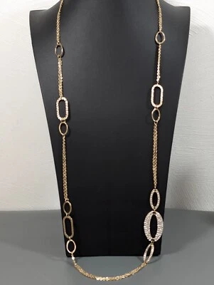 Gold Tone Crystal Oval Station Multi Chain Long Statement Necklace Retro 40 inch - Image 1 of 4