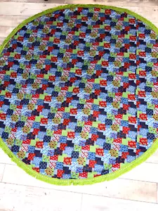 Vintage 60s 70s Mod Mid Century Green patch work 70” Round Table Cloth Fringe - Picture 1 of 4