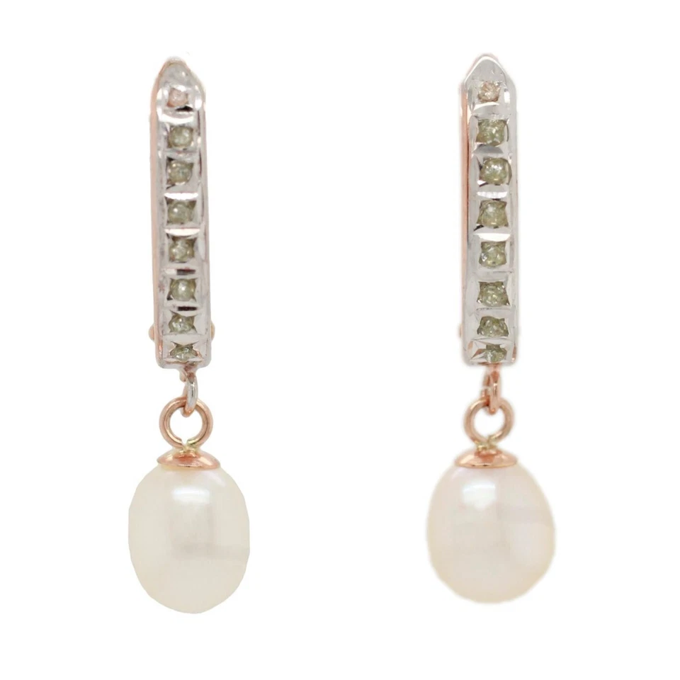 Vintage Oval Pearl Drop Dangle Earrings - 10k Rose Gold - Leverback - Image 1 of 4