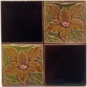 Art Nouveau Fireplace Tile Quartered Floral Majolica by T.R. Boote Ltd C1900 - Picture 1 of 3