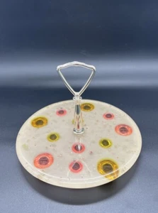 Vintage Lucite Tidbit Tray Handle Pink Yellow Bubbles Confetti Footed 8” Round - Picture 1 of 16