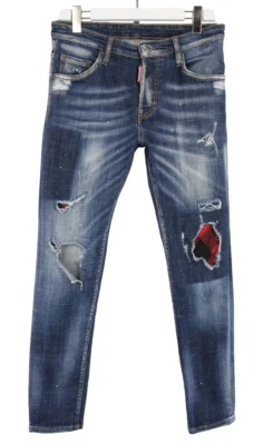 DSQUARED2 Vaqueros Hombres (Eu) 44 Angustiado Azul Triquitos Parches Tramo Botón - Imagen 1 de 4