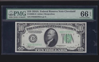 US 1934A $10 FRN Cleveland FR 2006-D PMG 66 EPQ Gem CU (383) - Image 1 of 2