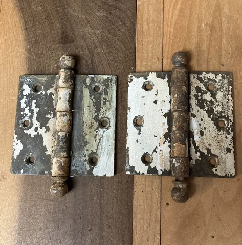 Antique Door Hinge Set Cannon Ball Vintage Reclaimed Salvage Rusty Hardware 3.5" Cover