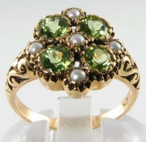LARGE 9K 9CT GOLD PERIDOT & PEARL CLUSTER ART DECO INS RING FREE RESIZE - Picture 1 of 6