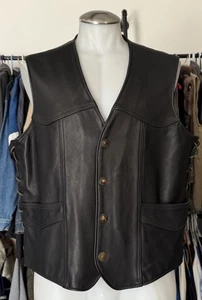 Gilet da motociclista J invernale vintage in pelle XXL nero western giogo stringato bufalo a scatto USA - Foto 1 di 6