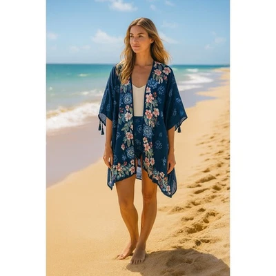 Johnny Was California Annia Short Kimono Blue Floral Boho Bohemian Coverup M NWT - Image 1 of 4