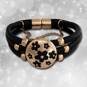 Pulsera de cuero napa Amello negro flores acero inoxidable chapado en oro rosa LAQ011S9 - Imagen 1 de 2