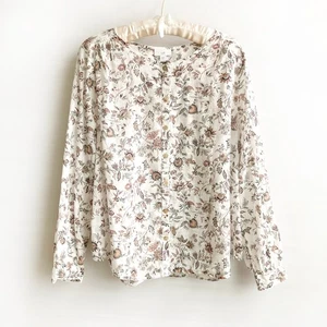 J Jill Baumwollbluse Gr. L creme Blumen gerafft Voile Cottagecore Country Lightwt - Bild 1 von 15
