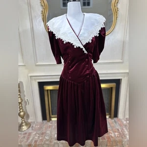 Vintage Pretty as a Picture Velvet Dress White Collar Lace Prairie Goth M-L - Picture 1 of 12