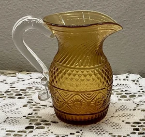 Vintage Pilgrim Amber Glass Pitcher Small Diamond Swirl Design Applied Handle - Picture 1 of 7