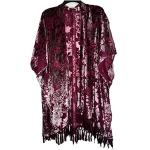 SOFT SURROUNDINGS Burgundy Floral Velvet Chiffon Burnout Kimono Duster L/XL - Picture 1 of 9