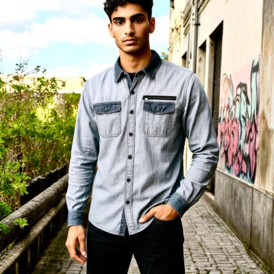 Ecko Unlimited Long Sleee Shirt Blue Stripes SNAPS Roll Up Tabs Mens 2XL - Image 1 of 4