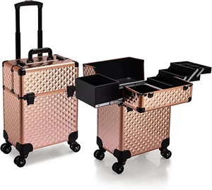Rolling Makeup Train Case Large Storage Cosmetic Trolley 4 Tray with Sliding Rai - Picture 1 of 8