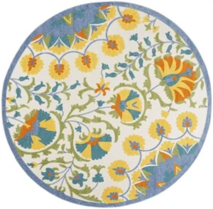8' X 8' Blue Yellow And White Round Toile Non Skid Indoor Outdoor Area Rug - Picture 1 of 1
