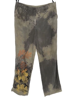 De Colección Mujer 12 Único 100% Seda Ancho Pantalón Pintado a Mano Otoño Hoja Flor Foto 1 de 4