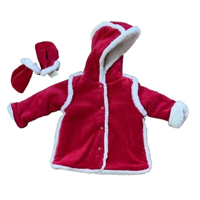 NEW Christmas Coat First Impressions Snap Red Mitten Hood White Trim 2 Pc 6-9M - Image 1 of 4