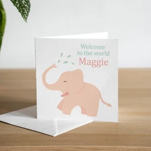 Personalised Handmade Welcome To The World Card Pink Elephant New Baby Girl - Picture 1 of 3