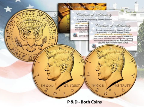 24K GOLD PLATED 2016 JFK Kennedy Half Dollar 2-Coin Set BOTH P&D MINT w/Capsules Cover
