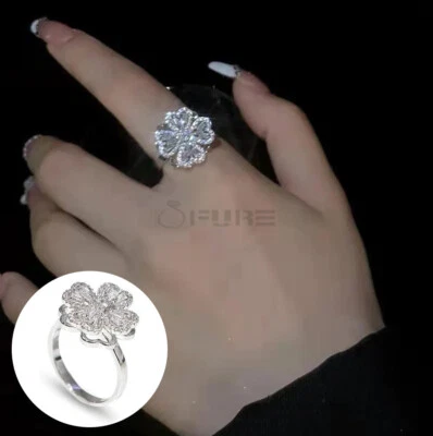 Lucky Rotating Four Leaf Ring 18K White Gold Plated Anti-anxiety Fidget Spinner - Image 1 of 4