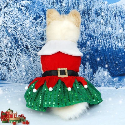Pet Christmas Outfit Shiny Netting Dog Santa Claus Costume Cute Red Dresses US. - Image 1 of 4