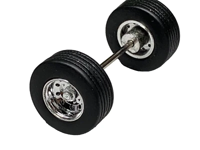 1/64 DCP PARTS CHROME RIM SUPER SINGLES WHEEL/TIRE PAIR W/ AXLE - Image 1 of 2