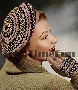 Strickmuster Vintage 1940er/WW2 Damen Fair Isle Barett/Hut & Handschuhe - Bild 1 von 1