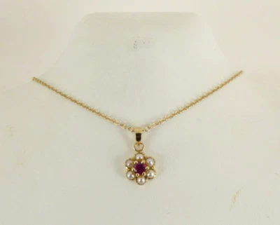 9ct Gold Ruby & Pearl Pendant  18" Chain Hallmarked with gift box - Image 1 of 4
