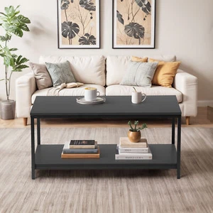 Black Coffee Table for Living Room Rectangle 2-Tier Coffee Tables with Storage - Picture 1 of 16