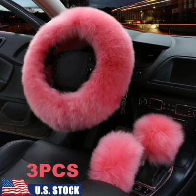Cubierta de volante difusa de felpa universal para automóvil 3 piezas perilla de piel de lana freno de palanca de cambios Foto 1 de 4