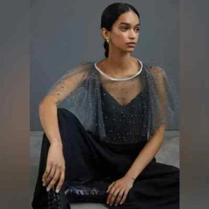 Anthropologie Sheer Tulle Beaded Cape Top Womens One Size Pullover Boat Neck - Picture 1 of 5
