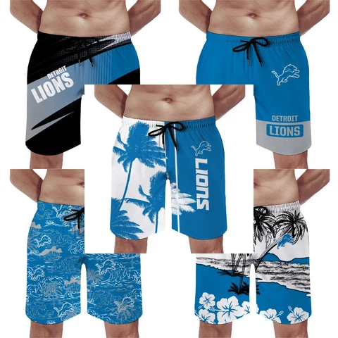 Detroit Lions Men’s Summer Board Shorts Beach Drawstring Pockets Swim Trunks Cover