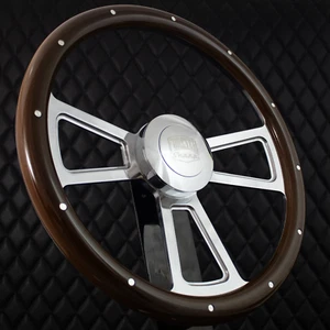 (T06) 18" Aluminum Steering Wheel Big Rig Mahogany Rivet Wood Freightliner 2007+ - Picture 1 of 13