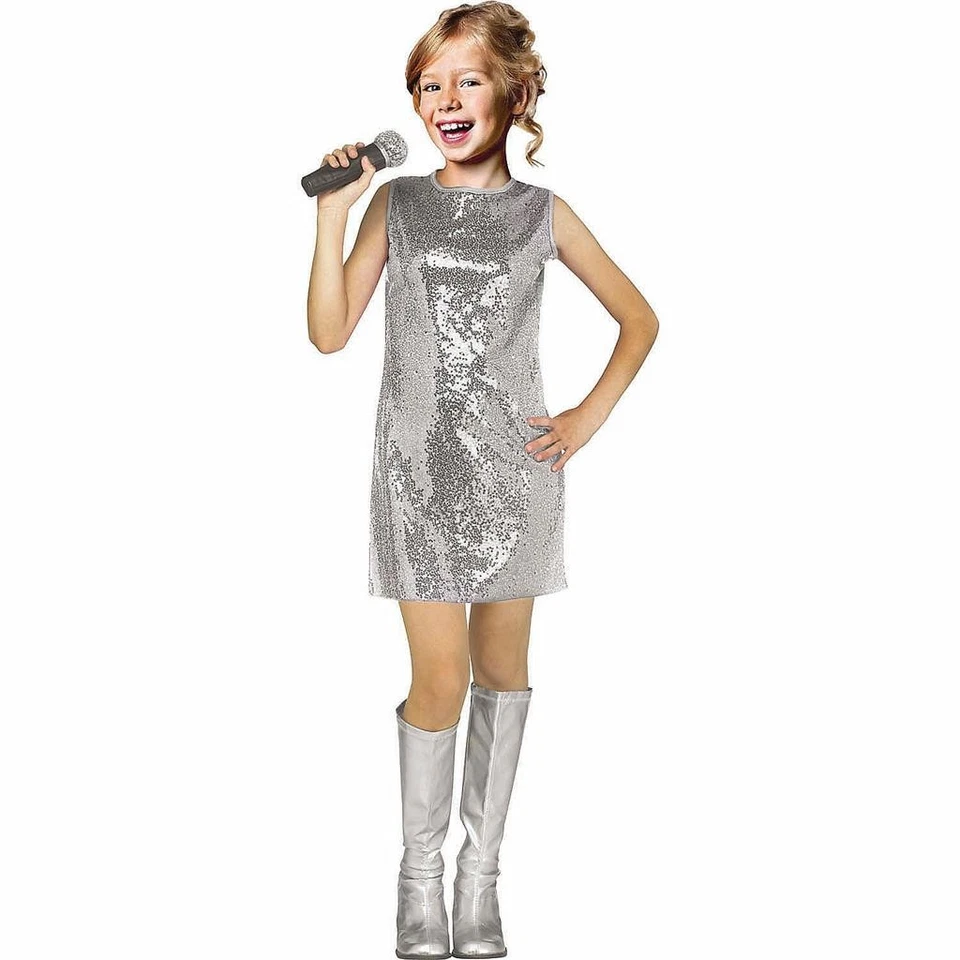 Niñas Divertido Mundo POP STAR Disfraz Lentejuelas Talla S M L Micrófono Intérprete Nuevo con Etiquetas Foto 1 de 1