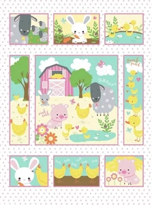 Wee Ones by Oasis Fabrics Pink Farm Animals Cotton Quilt Fabric Panel 35" X 43" - Picture 1 of 1