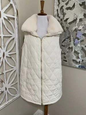 NWT ANNE KLEIN xlarge IVORY QUILTED FAUX FUR COLLAR VEST - Image 1 of 4