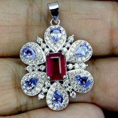 925 Sterling Silver Pendant Octagon Ruby 7x5mm Tanzanite Gemstone Jewelry - Image 1 of 4