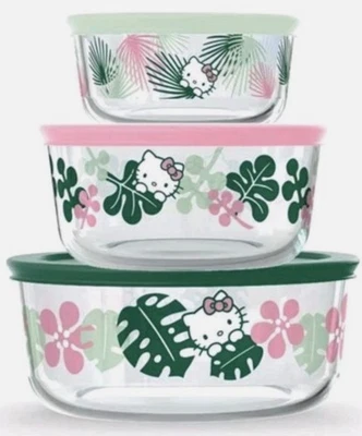 2023 Pyrex Hello Kitty 6 piece Glass Food Bowls Lids Storage Set Fern New In Box - Image 1 of 4