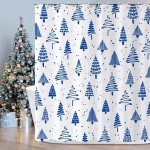 Christmas Tree Shower Curtain, Blue and White Merry Xmas Tree Snowflake Winte... - Picture 1 of 8