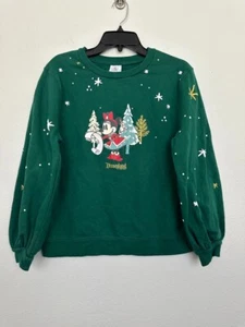 Disneyland Minnie Mouse Holiday Christmas Sweater Puff Sleeve Green Women Medium - Picture 1 of 9