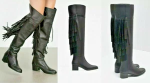 Zara New XL Over The Knee Leather Cowboy Boots Fringed Black UK 7 EUR 40 USA 9 - Picture 1 of 4