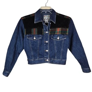 Vtg Zip Code Black Quilted Velvet Plaid Flannel Blue Crop Denim Jean Jacket Sz M - Picture 1 of 5