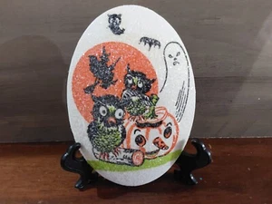 Chalkware Decoupage Halloween Owl Pumpkin 4x6 Sugar Frosted Wall Plaque 1970s - Picture 1 of 2