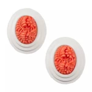 Orange Floral Cameo White Enamel Button Pierced Earrings 1 3/8" - Picture 1 of 3
