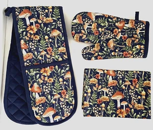 Bunte Pilze Krötenhocker Design Küchenwäsche dunkelblau 100% Baumwolle - Bild 1 von 14