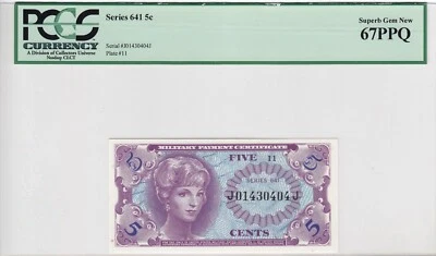 Series 641 5 Cents Military Payment Certificate 5c PCGS CU 67 PPQ MPC J01430404J - Image 1 of 2