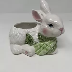 Vtg Ceramic White Bunny Rabbit Planter With Peas Easter Decor Pink Ears Small - Picture 1 of 15